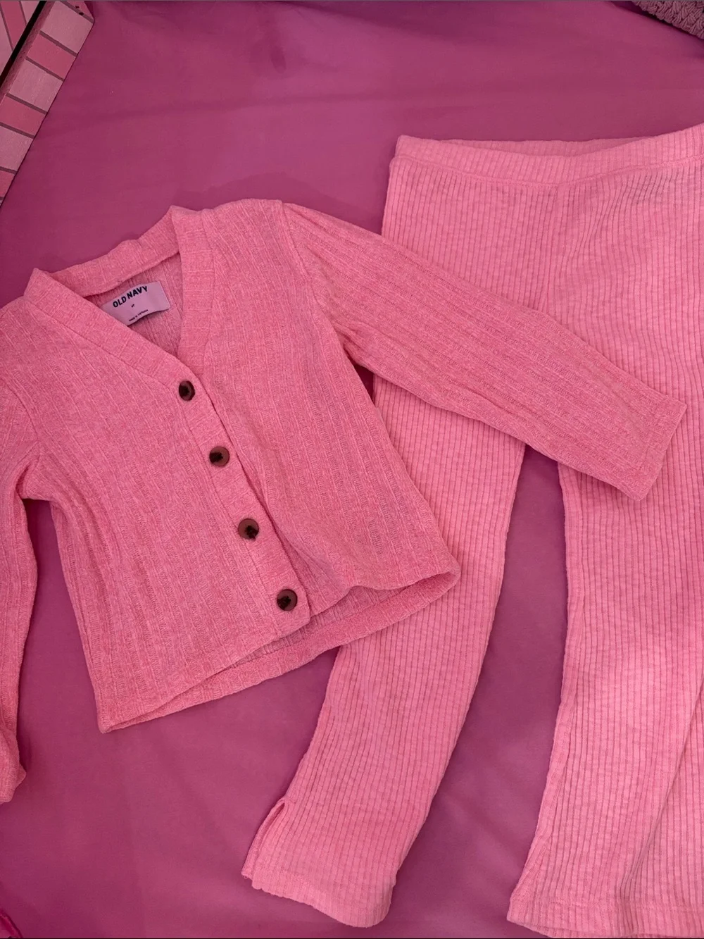 Old Navy Soft Pink Ribbed Knit Cardigan & Rib Pants Set
